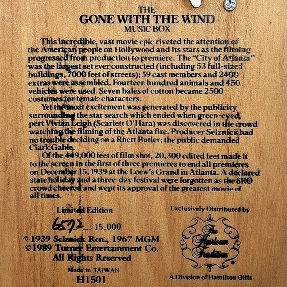 Heirloom Tradition Limited Edition 'Gone With The Wind' Music Box - Picture 8 of 8